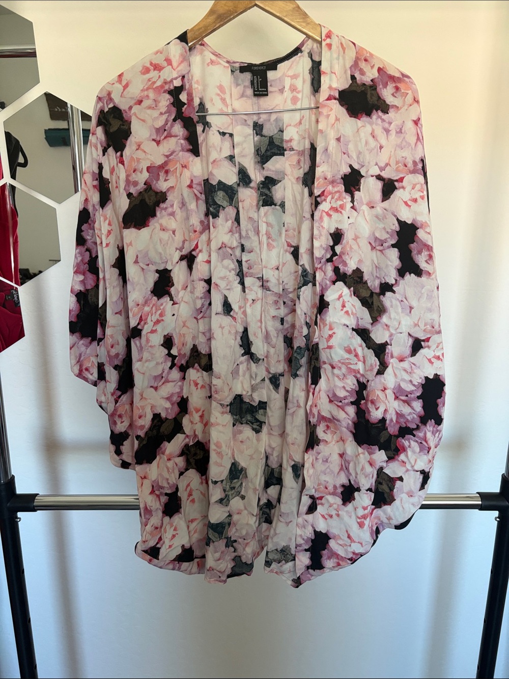 Forever 21 Pink and Black Floral Open-Front Kimono